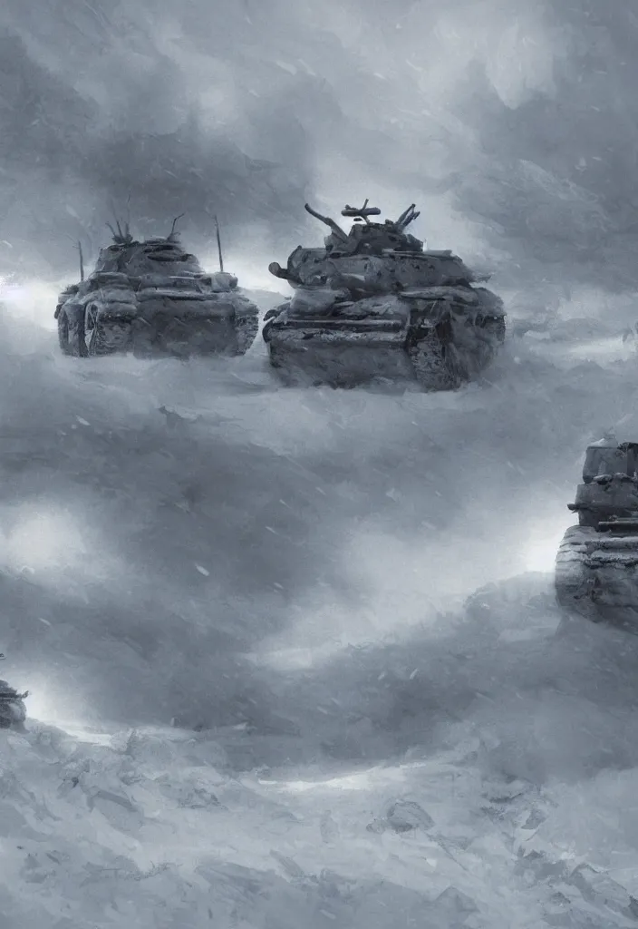 Prompt: handmade illustration of an epic and dramatic World War II war winter scene with german and soviet tanks involved, heavy snow storm, some mist grey smoke and fire, blue sky with dramatic clouds, line art, ink, ol on canvas by Kilian Eng and by Jake Parker, heavy brushstrokes, winning-award masterpiece, fantastic, octane render, 8K HD Resolution, High quality image