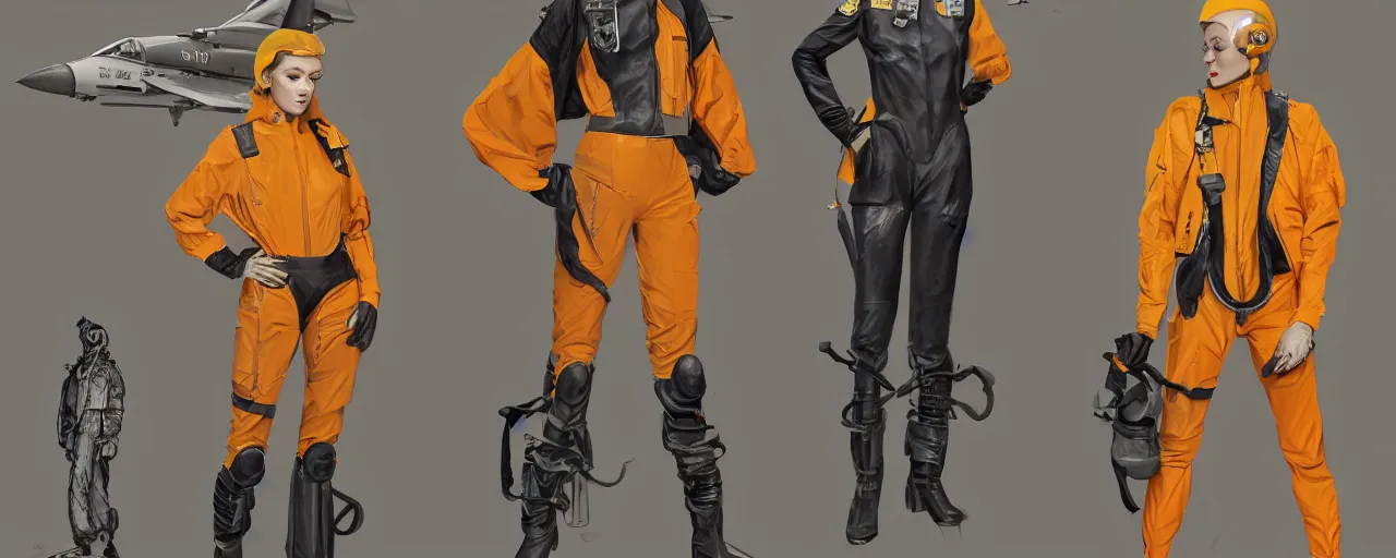 Prompt: character design, fashion reference sheet, gaunt, 70's jetfighter pilot girl, optimistic, dirty yellow and orange flight suit, scuffed exoskeleton in a dark hangar, concept art, photorealistic, hyperdetailed, 3d rendering!, studio lighting , art by Leyendecker! and syd mead,