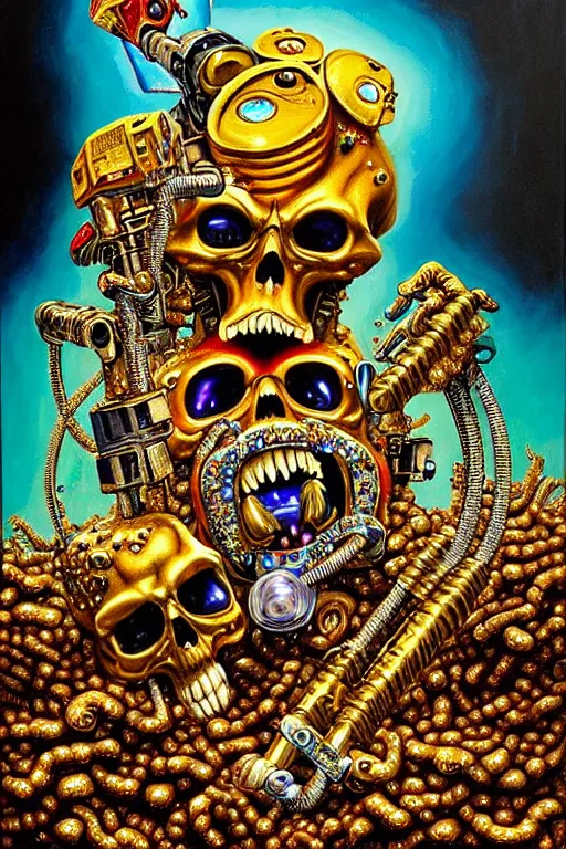 Image similar to a hyperrealistic painting of a ornate jewel embellished gold death machine spewing chunks out of a wood chipper, cinematic horror by chris cunningham, lisa frank, richard corben, highly detailed, vivid color,