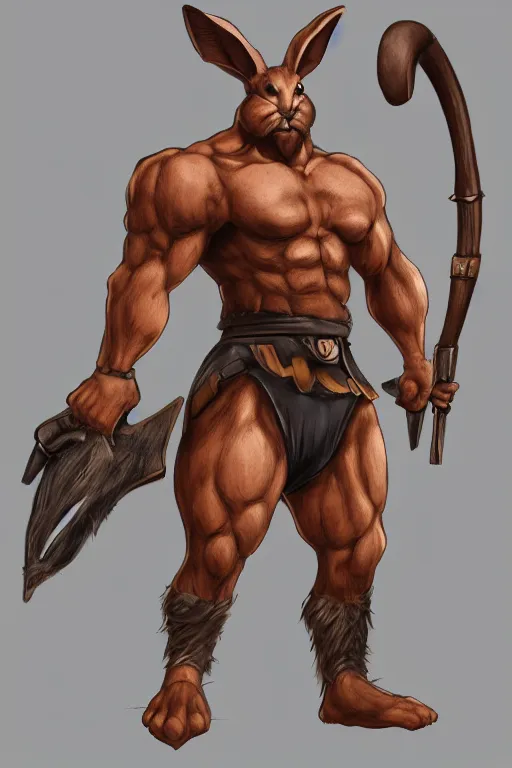 Image similar to anthropomorphic muscled rabbit warrior, Artstation