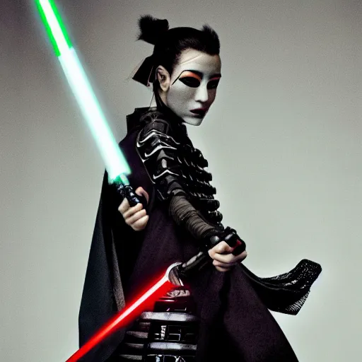 Image similar to vogue magazine half length portrait photo of a cyberpunk samurai with a lightsaber katana