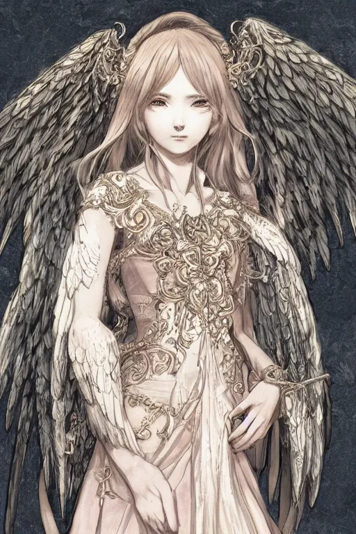 Prompt: Portrait of beautiful anime maiden with angelic wings, intricate, elegant, highly detailed, artstation, concept art, illustration, art by Sakimichan, Katsuya Terada