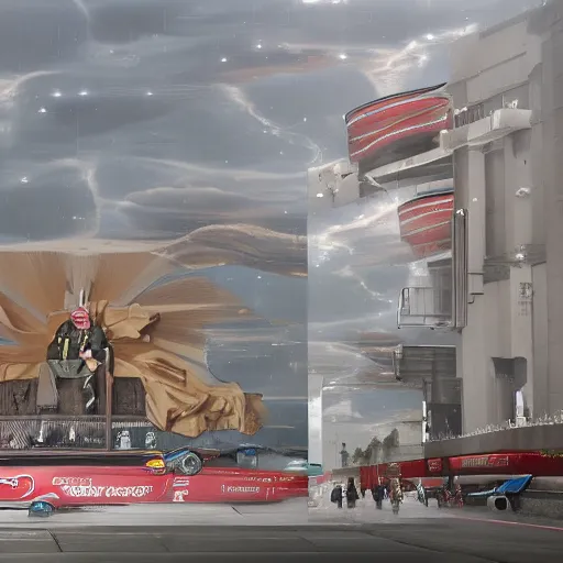 Prompt: sci-fi sport car formula 1 hatchback transport design organic smooth elastic forms on the front background digital billboard with point cloud in the coronation of napoleon painting by Jacques-Louis David, pinterest keyshot product render, cloudy plastic ceramic material shiny gloss water reflections, ultra high detail ultra realism, 4k