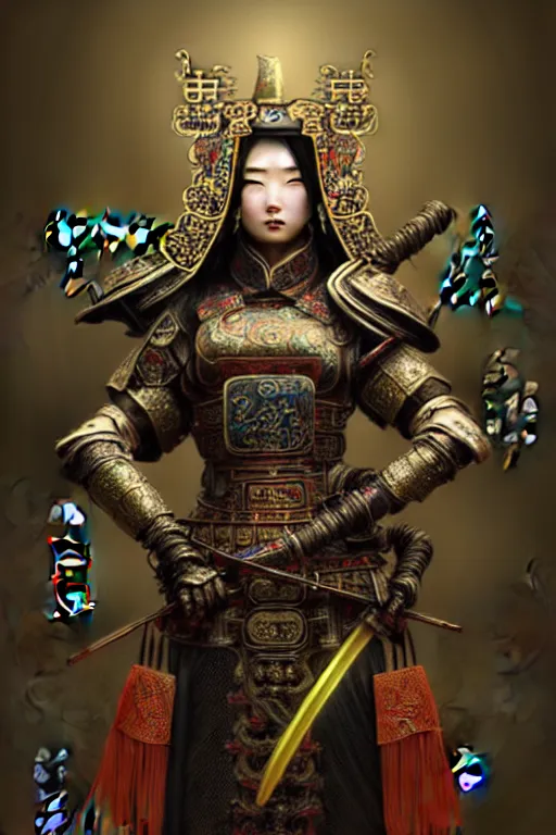 Image similar to beautiful and divine and luxury and evil and dieselpunklpunk three kingdom chinese female armor knight portrait, fighting in the chinese palace, ssci-fi, fantasy, neon light, fantasy, intricate complexity, human structure, human anatomy, hyperrealism 8k, art and illustration by tian zi and craig mullins and WLOP and alphonse mucha,