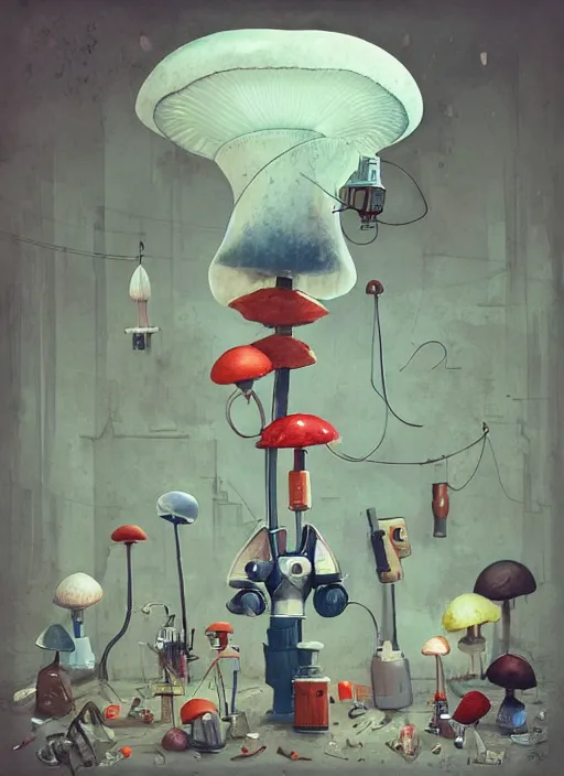 Image similar to a lively and whimsical apothecary where chrome robots shop grows from the stalk of a giant mushroom, cgsociety, siggraph, dystopian scifi, concept art, set design, oleg oprisco, conrad roset, anka zhuravleva, gediminas pranckevicius