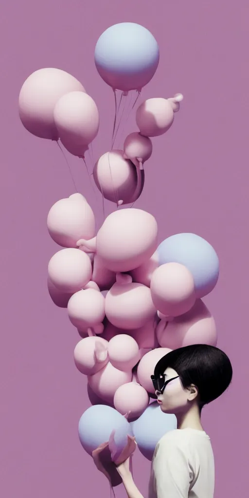 Image similar to 3d matte render, Hsiao-Ron Cheng, balloons, pastel colors, hyper-realism, pastel, polkadots, minimal, simplistic, amazing composition, woman, vaporwave, wow, Gertrude Abercrombie, Beeple, minimalistic graffiti masterpiece, minimalism, 3d abstract render overlayed, black background, psychedelic therapy, trending on ArtStation, ink splatters, pen lines, incredible detail, creative, positive energy, happy, unique, negative space, pure imagination painted by artgerm