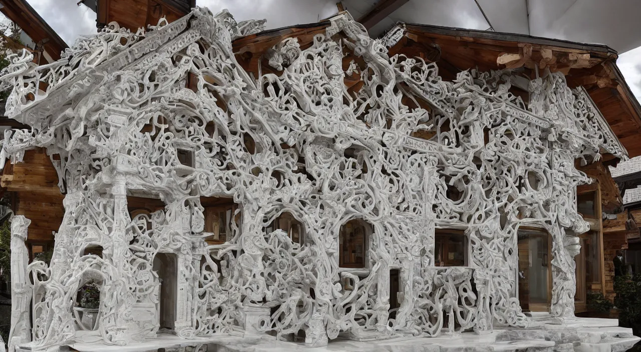 Prompt: a marble sculpture of a chalet hyperdetailed and hyperdetailed