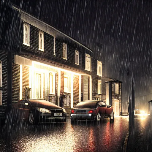 Image similar to dark rainy night, lights, swedish houses, cars driving, rain on screen, realistic, cinematic, raytracing, intense detail, artstation
