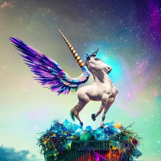 Image similar to 8 k capture scan of a iridescent unicorn with wings dancing in a garbage dump, the sky has the milky way, high textured, conceptual, photorealistic, illustration sharp