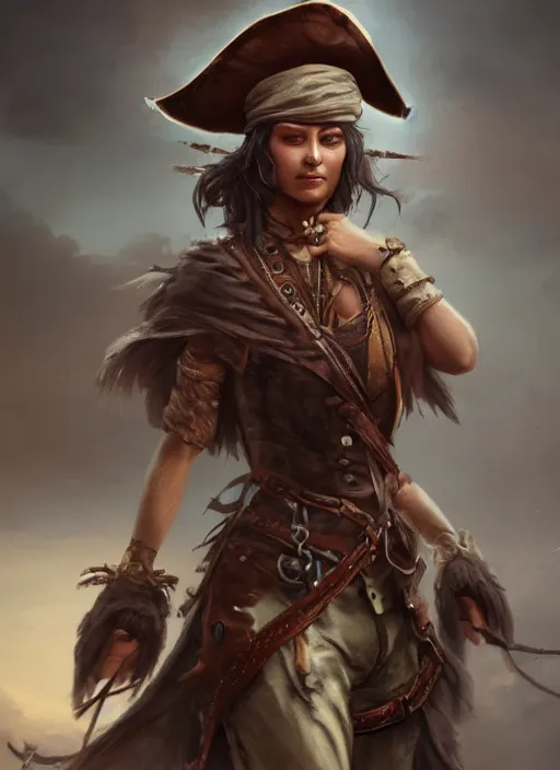 Image similar to detailed full body concept art dull oil painting of a pirate female, beautiful face, realistic hands, elegant pose, fantasy, illustration, insanely detailed and intricate clothing, octane render, 4k