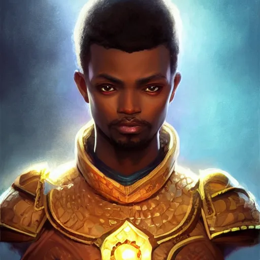 Image similar to clairvoyant african prince, D&D, fantasy warrior, portrait, highly detailed, digital painting, trending on artstation, concept art, sharp focus, illustration, art by artgerm and greg rutkowski and magali villeneuve