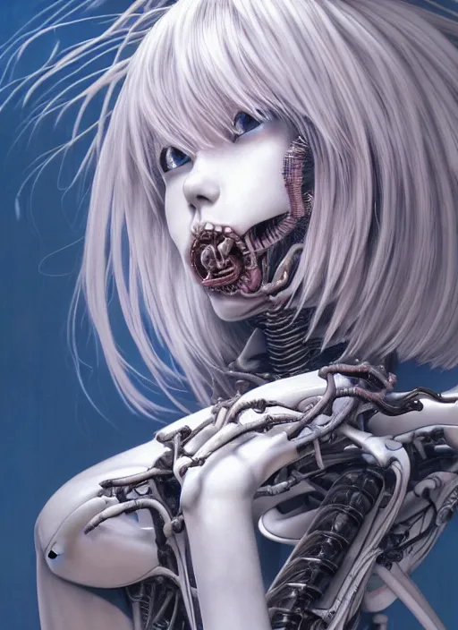 Image similar to Rei Ayanami by Yoshitaka Amano, by HR Giger, biomechanical, profile portrait, 4k, wide ayes, hyper detailed, hyperrealism, anime, a Blood Moon rising on a Broken World 4k very detailed deviantart artstation