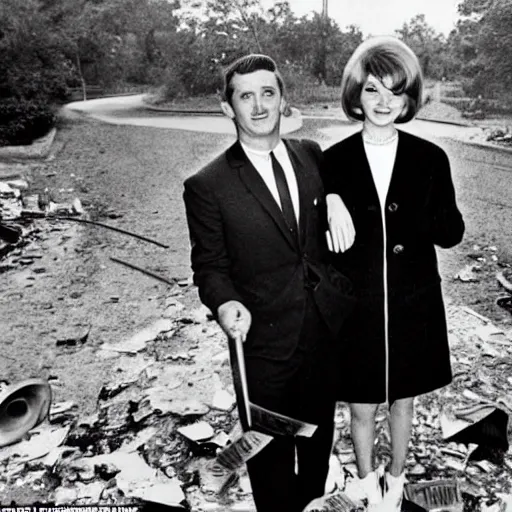 Image similar to 1 9 6 0 s newspaper photo of : they were careless people, tom and daisy - they smashed up things and creatures and then retreated back into their money or their vast carelessness or whatever it was that kept them together, and let other people clean up the mess they had made.