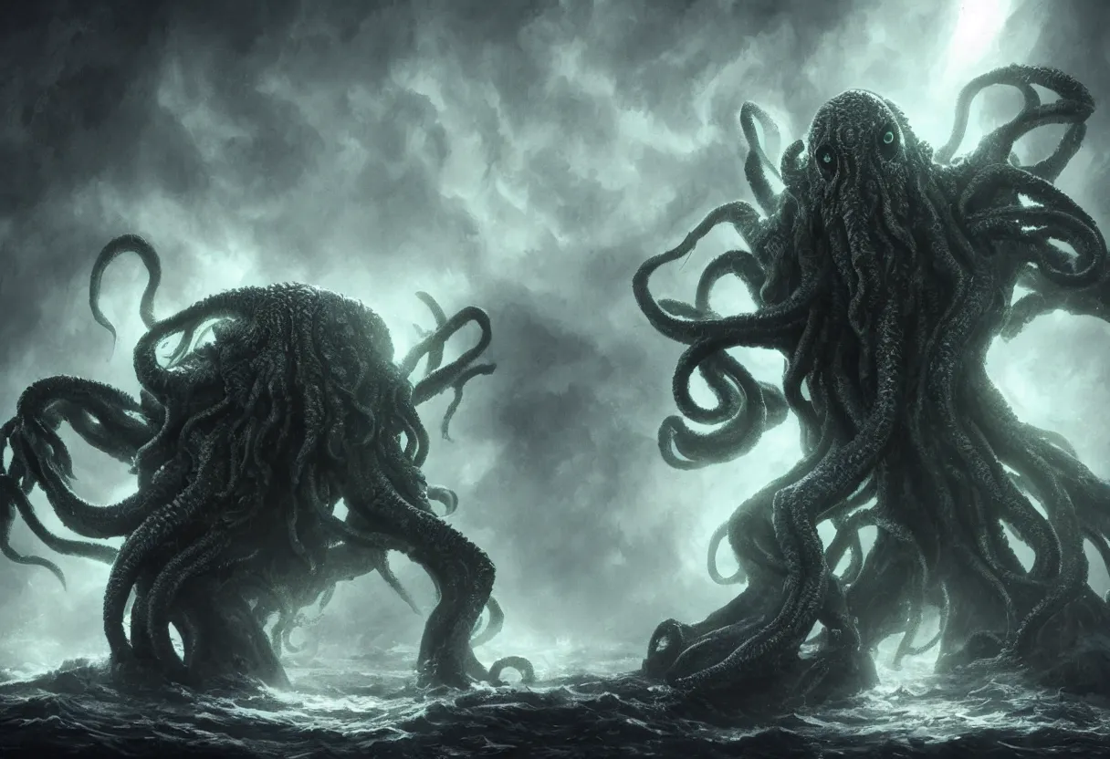 Prompt: concept art of cthulhu with glowing eyes emerging from the ocean, omnious old photo, cinematic lighting, apocalyptic, atmospheric, hyper realism, realistic, octane render, dramatic lighting, highly detailed, cinematic