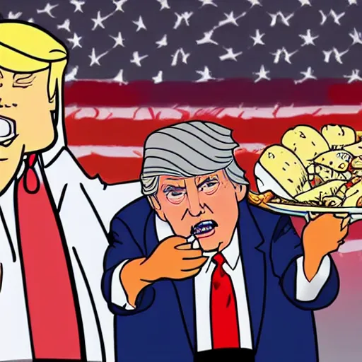 Image similar to donald trump feeding the homeless in the style of studio ghibli