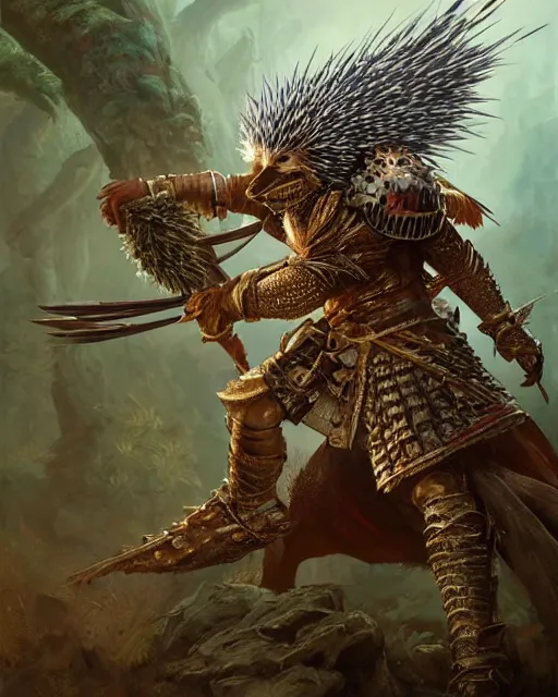 Prompt: Porcupine warrior in armor, portrait, woodlands, magic the gathering artwork, D&D, fantasy, cinematic lighting, centered, symmetrical, highly detailed, digital painting, artstation, concept art, smooth, sharp focus, illustration, volumetric lighting, epic Composition, 8k, art by Akihiko Yoshida and Greg Rutkowski and Craig Mullins, oil painting, cgsociety