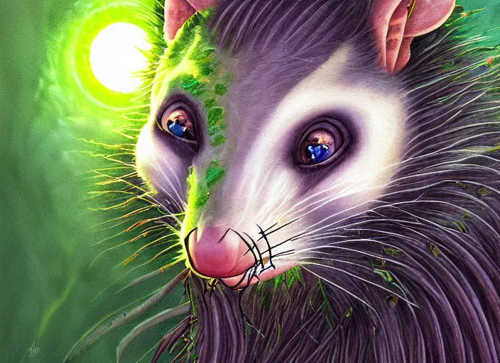 Image similar to face portrait of a anthro green zombie opossum fursona with long dark hair. Ruined stormy city. Glorious sun beams, intricate, elegant, highly detailed, digital painting, short focus, illustration, Allan Lee, John Howe