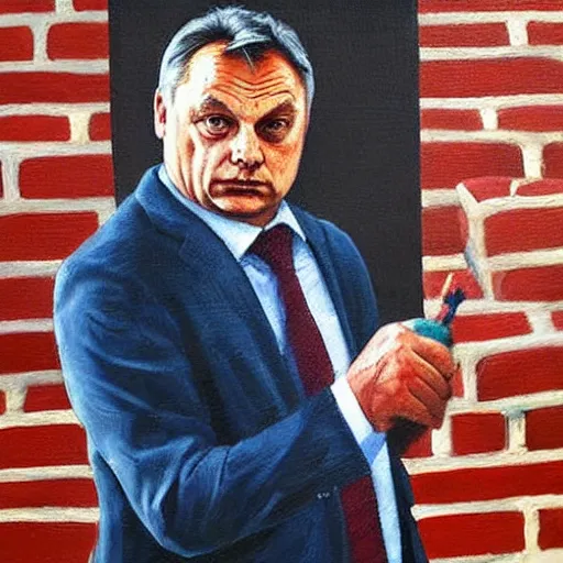 Image similar to viktor orban laying bricks, oil painting