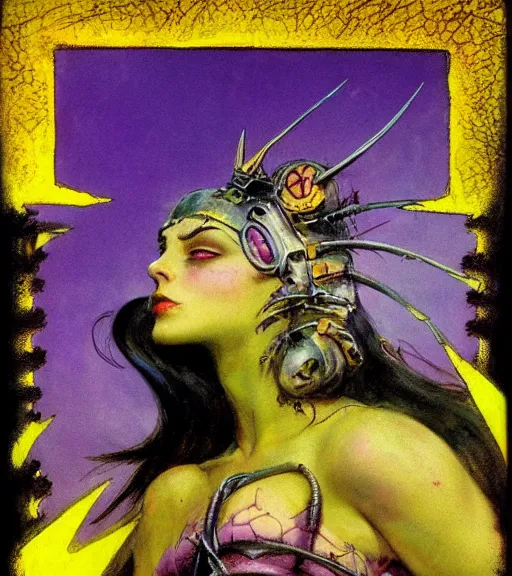 Image similar to evil princess of the wasteland, scrap metal headdress, strong line, vivid neon color, yellow purple, cloudy sky, beautiful! coherent! by brian froud, by frank frazetta, low angle