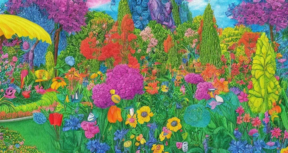 Image similar to bosch painting of a garden using lisa frank colors