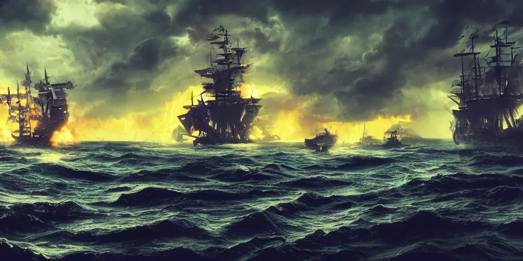 Prompt: pirate ships at war at night with a giant kraken coming out of the water and attacking the ships, people drowning, dramatic clouds, storm, smoke, fire, chaos, photo realistic, 8k, artstation, Blade runner, neon signs in the distance, dark, cinematic, high contrast, epic