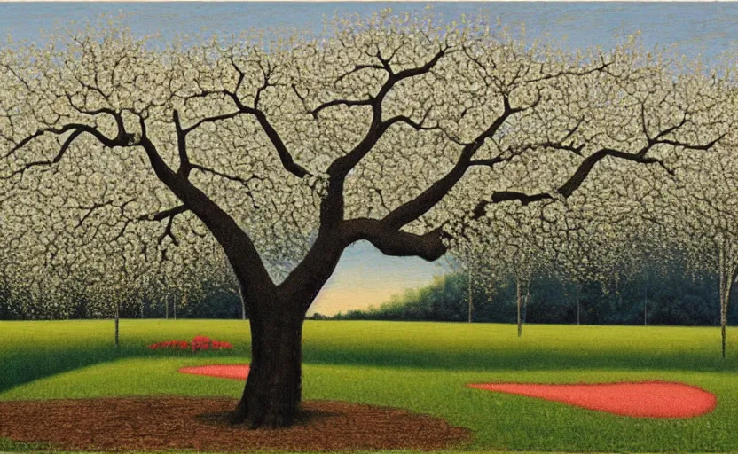 Prompt: a painting of an eicp magnificent peach blossom tree by david inshaw.