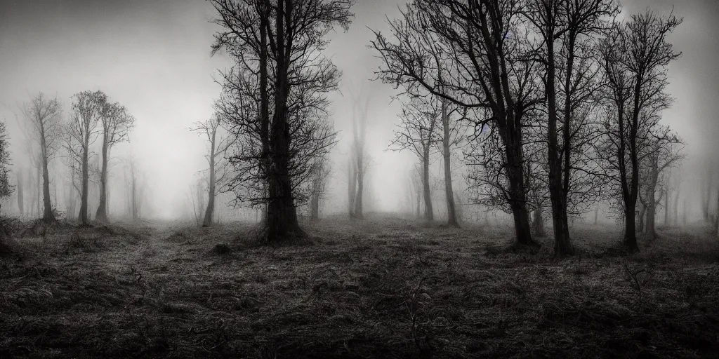 Image similar to a dark and creepy award winning landscape photo, 4k hdr, cinematic