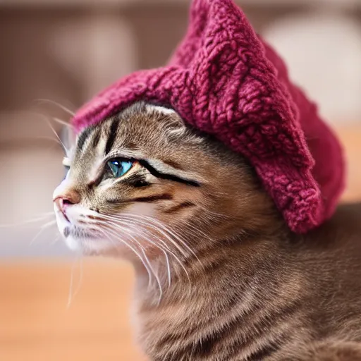 Image similar to cute cat with tongue photo wearing wool hat doing mlem cat ears