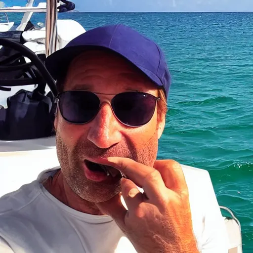 Image similar to photo of david duchovny eating soft shell crab on a yacht in the bahamas at sunset