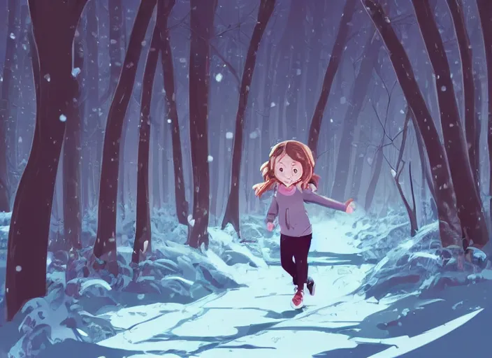 Image similar to little girl with short wavy curly light brown hair running in the snowy forest. clean cel shaded vector art. shutterstock. behance hd by lois van baarle, artgerm, helen huang, by makoto shinkai and ilya kuvshinov, rossdraws, illustration, art by ilya kuvshinov