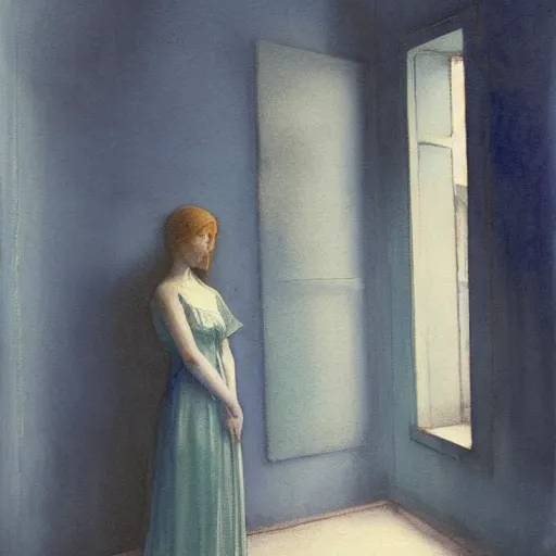 Prompt: close up of a girl in a blue and gold haunted liminal abandoned room, watercolor by ivan biblin, by hammershøi, art noveau, highly detailed, lights by edward hopper, liminal, eerie, bright pastel colors