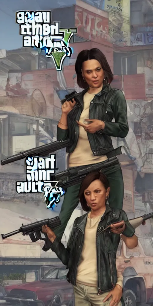 Image similar to sanna marin as a character in gta v cover holding a gun