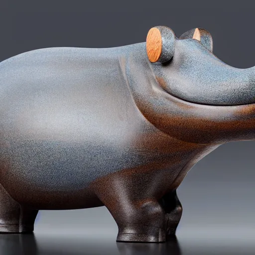 Prompt: a museum - quality stylized wood and epoxy hippopotamus made of polished wood grain with a blue epoxy ceramic head, hd photograph, matte gray background