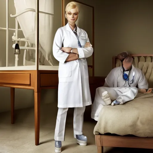 Prompt: nurse, blond, in white coat, wearing mary jane shoes, by erwin olaf, wallpaper, highly detailed