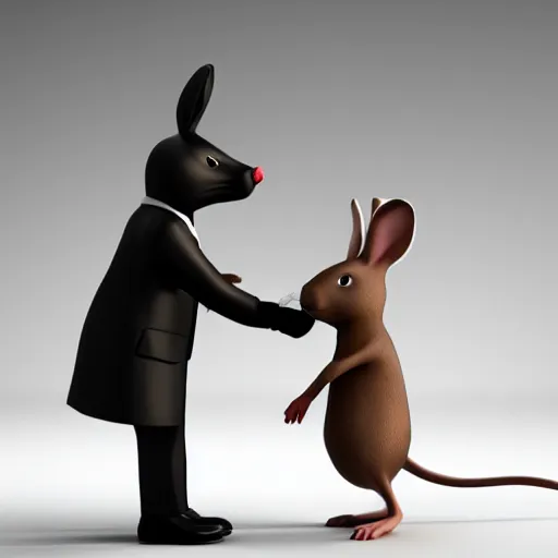 Image similar to a mouse in a suit shaking hands with a rabbit in a suit. Octane render