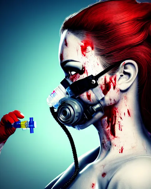 Prompt: a rogue agent wearing oxygen mask, has blood, rose, a pistol and a syringe needle with sea background intricate details with horror side profile by Sandra Chevrier in 8k render dramatic light