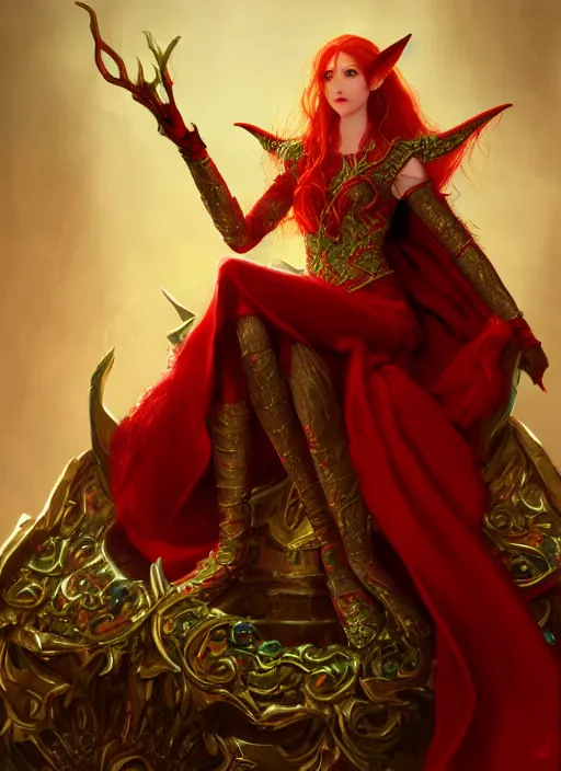 Prompt: Half-body portrait of a red-haired beautiful elven queen in red, gold and green dress sitting on a throne. In style of Hyung-tae Kim and Greg Rutkowski, concept art, trending on ArtStation, Korean MMORPG, over-detailed art, 4K, epic, dynamic lightning, dramatic pose.