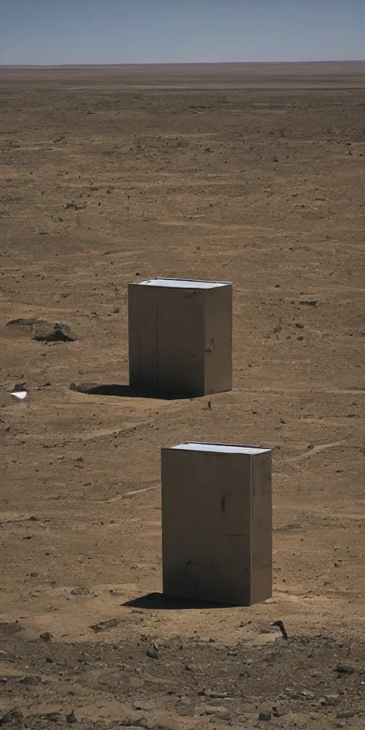 Prompt: a tall box made of glass with bioremediation plants inside, tarkovsky greatest scene, cinematic, in the vast desert of atacama