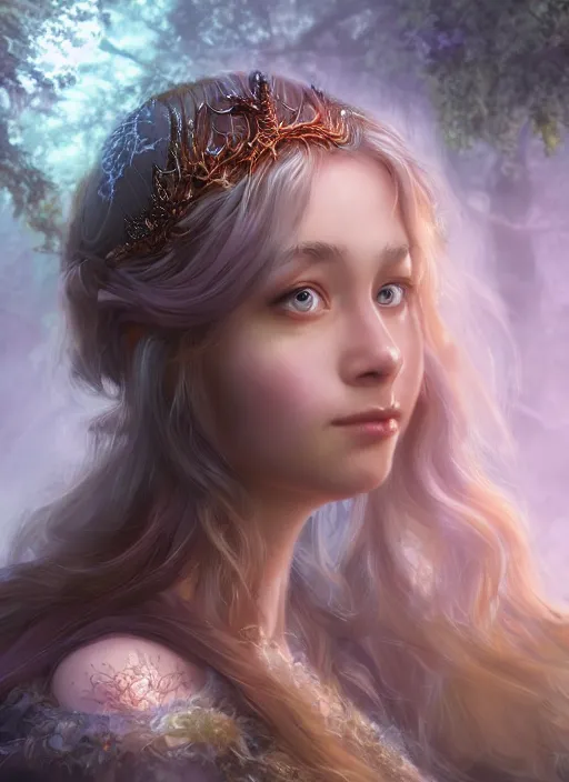 Prompt: portrait of a gorgeous fairy princess of the forest, rococo tiara, detailed iridescent reptile skin, 8k render, ultra realistic, cinematic lighting, artstation, artgerm