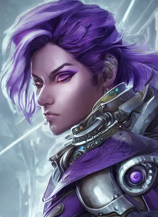 Image similar to close up portrait of sci - fi alleria windrunner with purple hair, pale blue backlight, powerful, domineering, stoic, intense, ultrafine hyperdetailed illustration by kim jung gi, irakli nadar, intricate linework, sharp focus, octopath traveler, yoji shinkawa, highly rendered, detailed, concept art