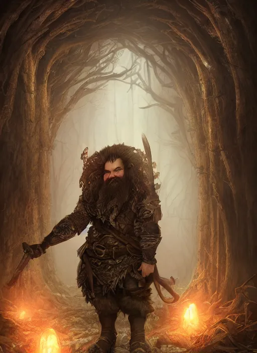 Image similar to Beautiful art portrait of a male fantasy dwarf in a dark temple surrounded by dead forest, atmospheric lighting, intricate detail, cgsociety, hyperrealistic, octane render, RPG portrait, ambient light, dynamic lighting