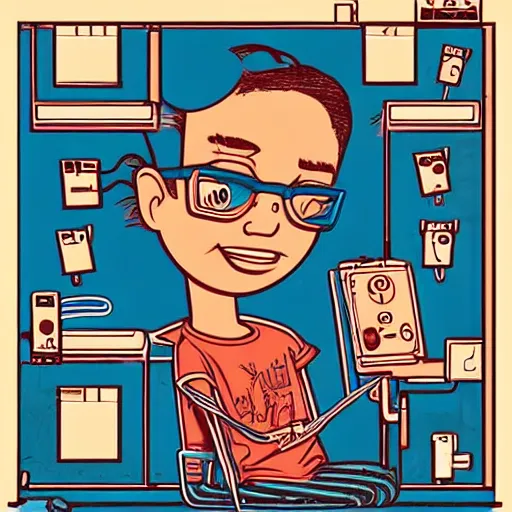 Image similar to illustration of a boy connected to his laptop with wires, highly detailed, by butcher billy