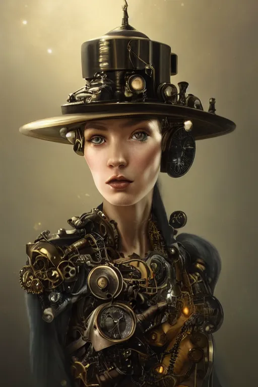 Image similar to a beautiful ultra detailed fine art portrait of a steampunk cyborg wearing a graduation hat, by tom bagshaw and anna dittman, studio lighting, golden ratio composition, 3 5 mm lens, cybernetic scifi, deep depth of field, artstation, 8 k