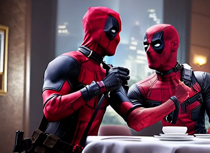 Image similar to film still of Deadpool having a romantic dinner with Spiderman in the new Deadpool movie, 4k