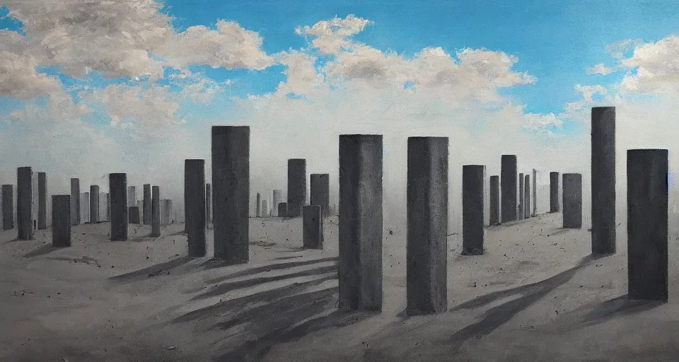 Prompt: world of only concrete, a flat endless plane of concrete covered in thin, very tall concrete pillars talk enough to go above the frame that go on to the horizon, open sky, blue sky with clouds, god rays, beautiful painting, oil on canvas, by Ewa Czarniecka, award winning masterpiece,