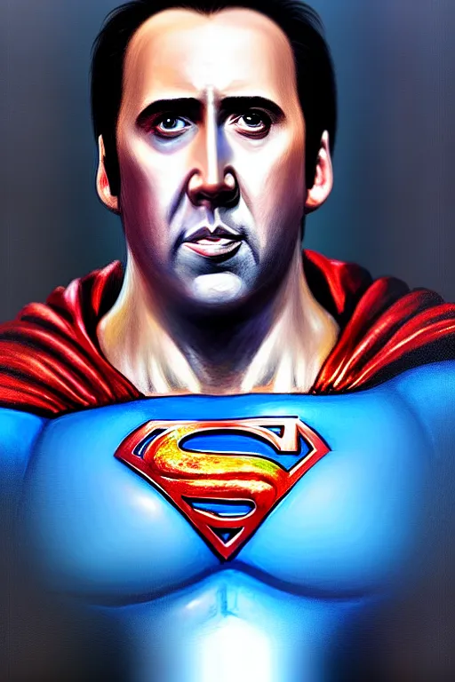 Image similar to portrait of nicolas cage as superman looking away from the camera, intricate, extremely detailed digital painting by greg rutkowski, artstation