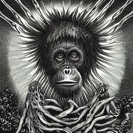 Image similar to orangutan descending from heaven, in the style of deathspell omega's fas album cover, illustration, detailed