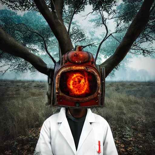 Prompt: An album cover, fire, mask, stethoscope, 3d render, ((robot)), (unreal engine), (rust), photograph, portrait, painting, (((forest)))