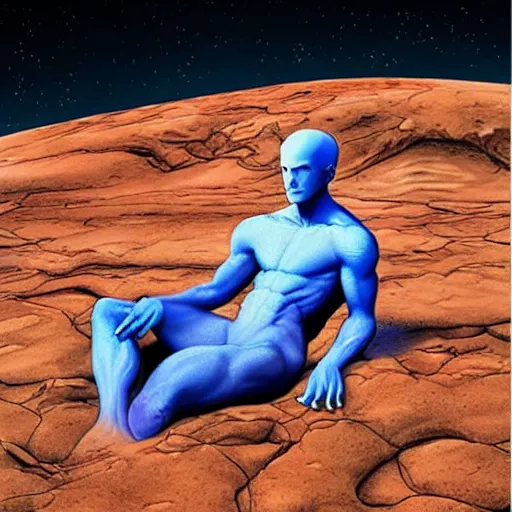 Image similar to dr. Manhattan sitting on Mars thinking, photorealistic