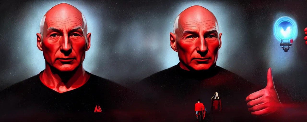 Prompt: duotone black and red concept 3 / 4 portrait of ( ( ( picard facepalm meme ) ) ) captain jean - luc picard with palm on his face inside uss enterprise. accidental renaissance. concept by stanley kubrick. sergey kolesov and ruan jia and heng z. graffiti art, scifi, fantasy, hyper detailed. octane render. trending on artstation